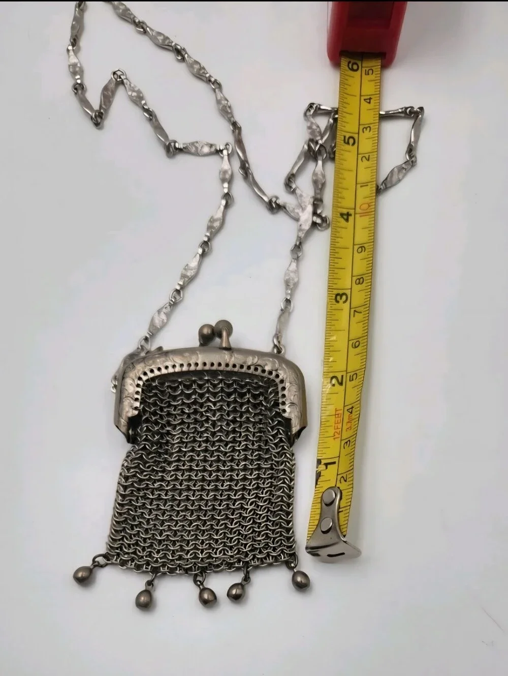 Vintage German Silver Mesh Evening Purse Chainmail Bag Ornate Frame Necklace